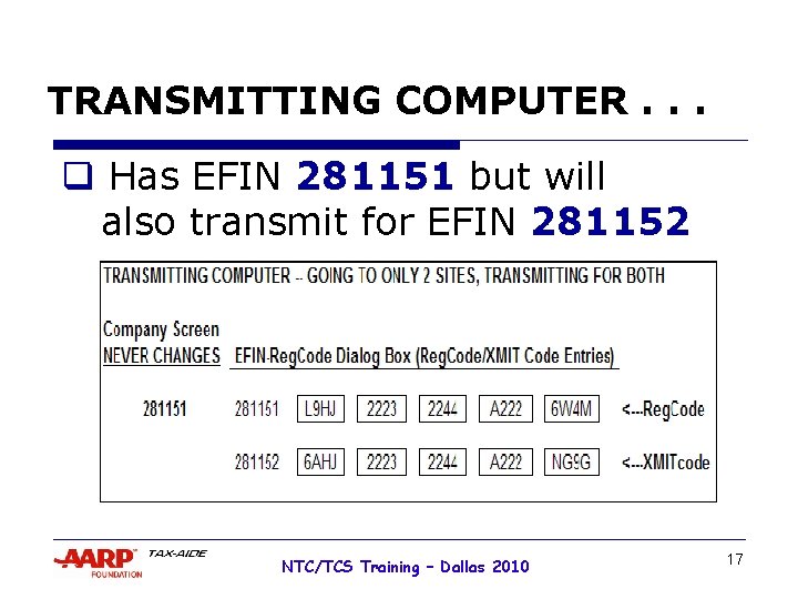 TRANSMITTING COMPUTER. . . q Has EFIN 281151 but will also transmit for EFIN