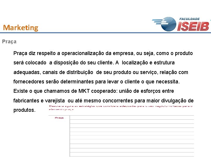 Marketing Praça diz respeito a operacionalização da empresa, ou seja, como o produto será