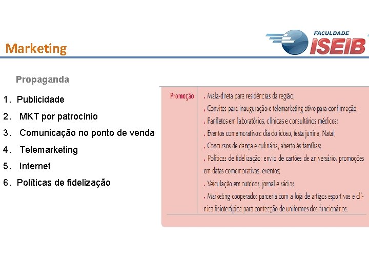 Marketing Propaganda 1. Publicidade 2. MKT por patrocínio 3. Comunicação no ponto de venda