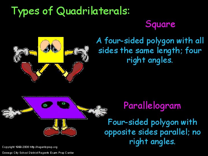 Types of Quadrilaterals: Square A four-sided polygon with all sides the same length; four