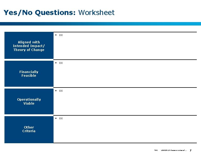 Yes/No Questions: Worksheet • xx Aligned with Intended Impact/ Theory of Change • xx