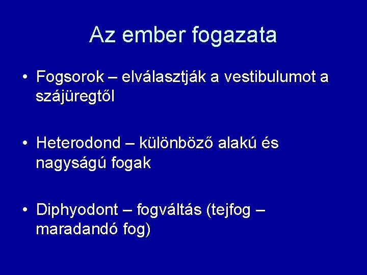 Az ember fogazata • Fogsorok – elválasztják a vestibulumot a szájüregtől • Heterodond –