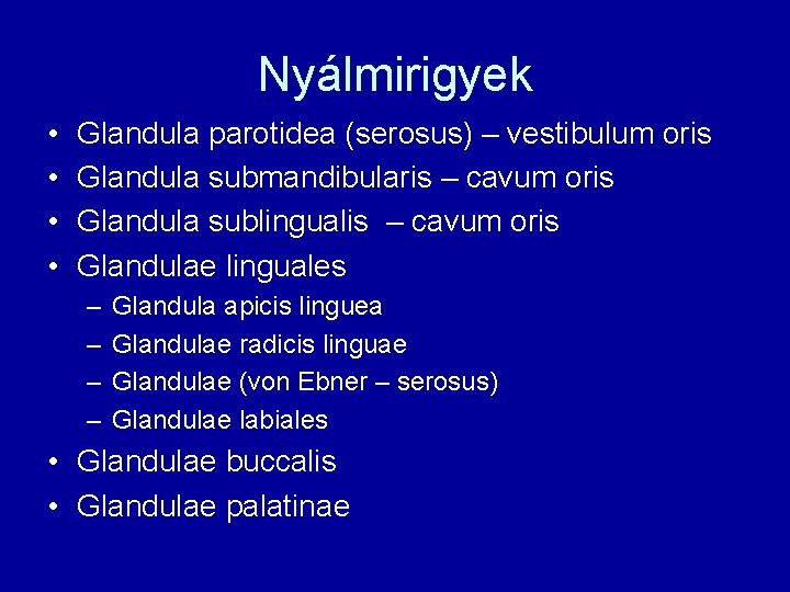 Nyálmirigyek • • Glandula parotidea (serosus) – vestibulum oris Glandula submandibularis – cavum oris