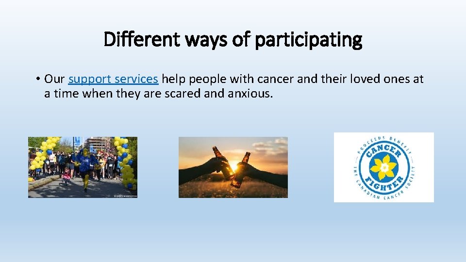 Different ways of participating • Our support services help people with cancer and their Different ways of participating • Our support services help people with cancer and their