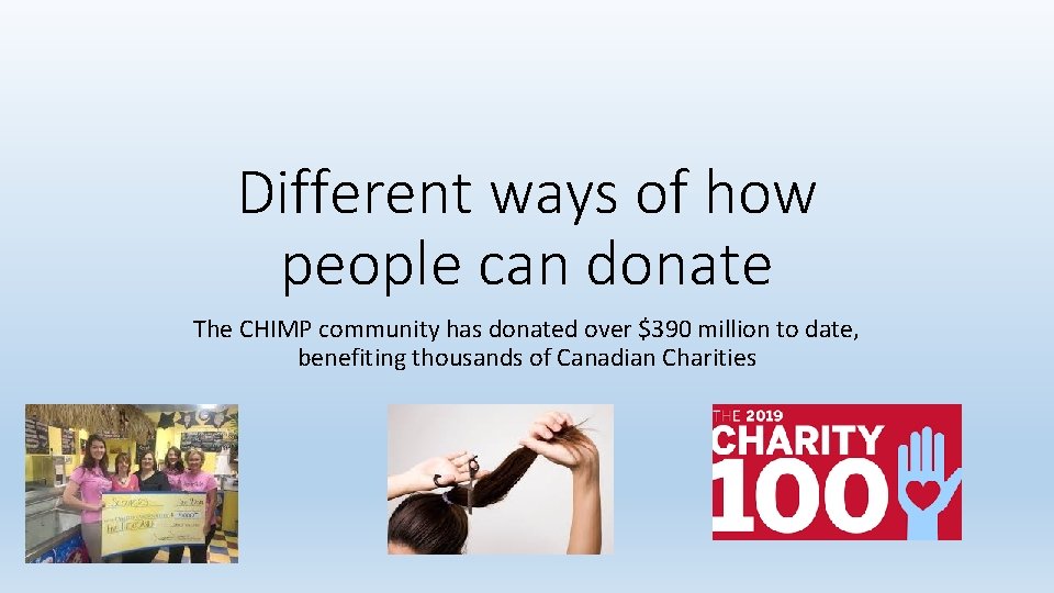 Different ways of how people can donate The CHIMP community has donated over $390