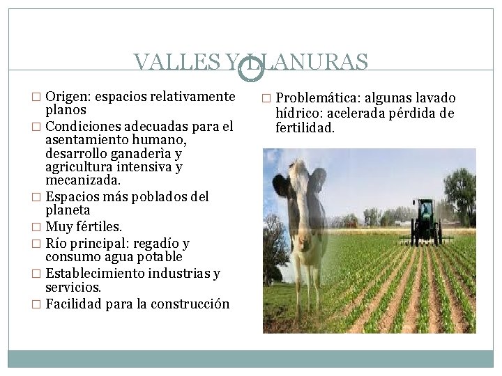 VALLES Y LLANURAS � Origen: espacios relativamente planos � Condiciones adecuadas para el asentamiento