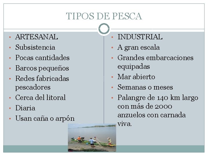 TIPOS DE PESCA • ARTESANAL • INDUSTRIAL • Subsistencia • A gran escala •