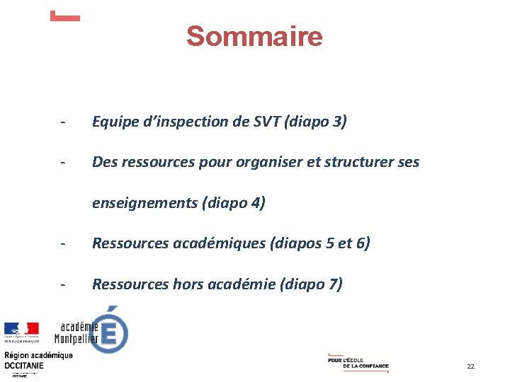 Sommaire - Equipe d’inspection de SVT (diapo 3) - Des ressources pour organiser et