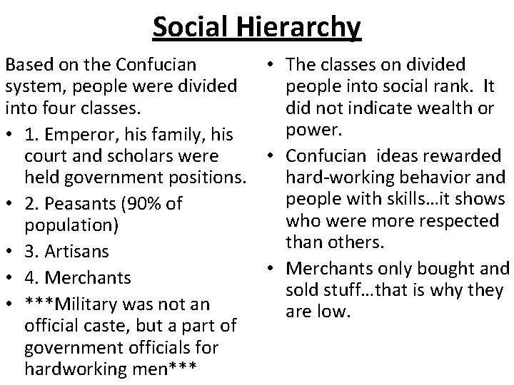 Social Hierarchy Based on the Confucian • The classes on divided system, people were