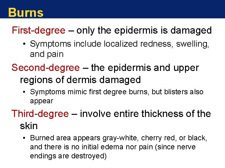 Burns First-degree – only the epidermis is damaged • Symptoms include localized redness, swelling,