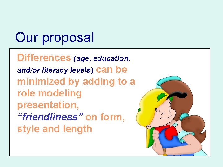 Our proposal Differences (age, education, and/or literacy levels) can be minimized by adding to Our proposal Differences (age, education, and/or literacy levels) can be minimized by adding to