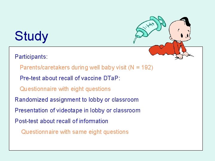 Study Participants: Parents/caretakers during well baby visit (N = 192) Pre-test about recall of Study Participants: Parents/caretakers during well baby visit (N = 192) Pre-test about recall of