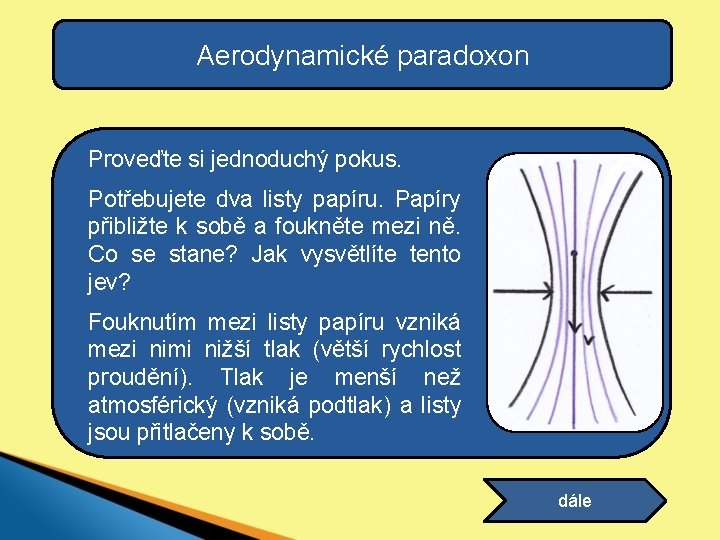 Aerodynamické paradoxon Proveďte si jednoduchý pokus. Potřebujete dva listy papíru. Papíry přibližte k sobě