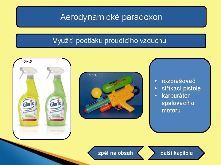 Aerodynamické paradoxon Využití podtlaku proudícího vzduchu. Obr. 5 Obr. 6 • rozprašovač • stříkací