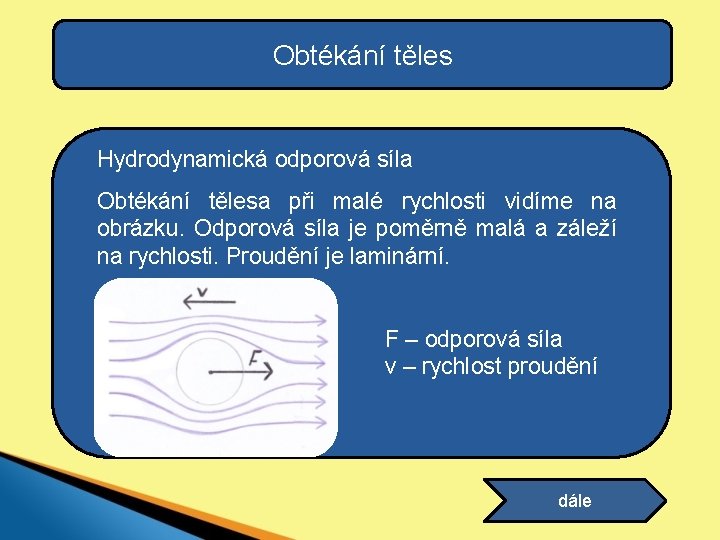 Obtékání těles Hydrodynamická odporová síla Obtékání tělesa při malé rychlosti vidíme na obrázku. Odporová