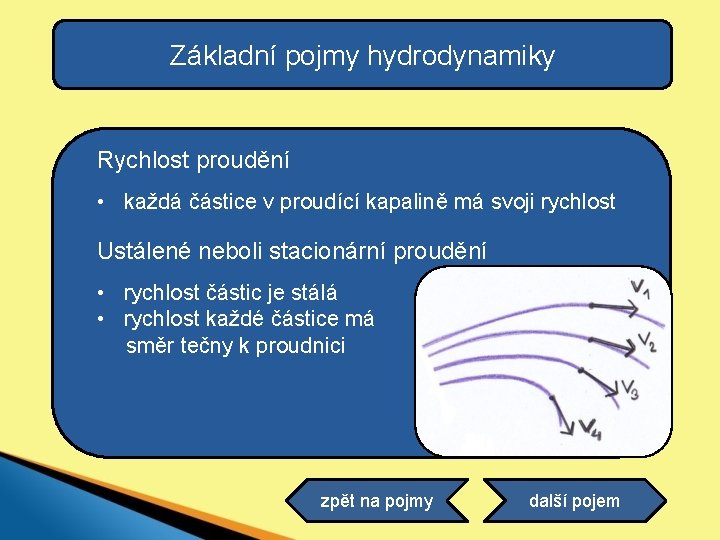 Základní pojmy hydrodynamiky Rychlost proudění • každá částice v proudící kapalině má svoji rychlost