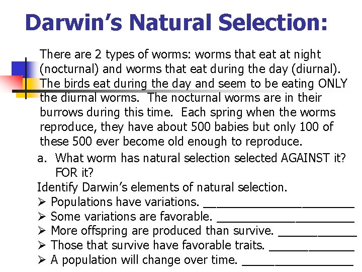 Darwin’s Natural Selection: There are 2 types of worms: worms that eat at night Darwin’s Natural Selection: There are 2 types of worms: worms that eat at night