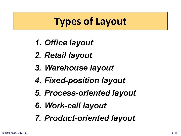 Types of Layout 1. Office layout 2. Retail layout 3. Warehouse layout 4. Fixed-position