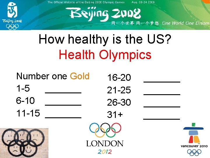 How healthy is the US? Health Olympics Number one Gold 1 -5 _______ 6
