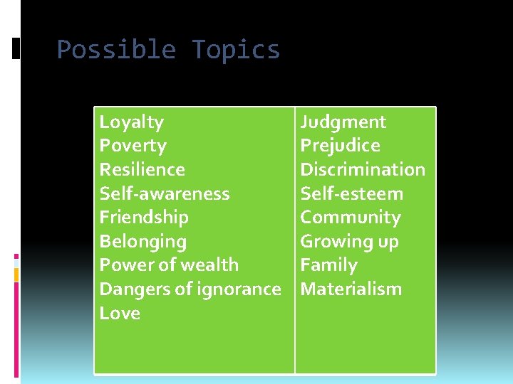 Possible Topics Loyalty Poverty Resilience Self-awareness Friendship Belonging Power of wealth Dangers of ignorance