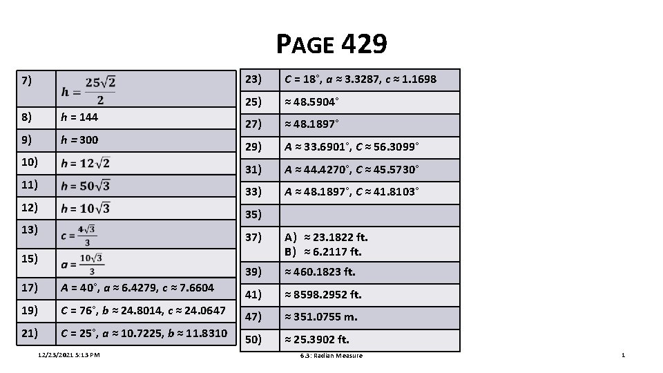 PAGE 429 7) 8) h = 144 9) h = 300 10) 11) 12)