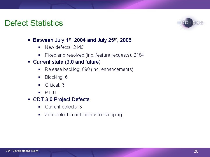 Defect Statistics § Between July 1 st, 2004 and July 25 th, 2005 §