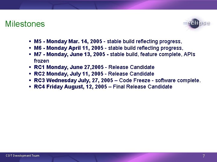 Milestones § M 5 - Monday Mar. 14, 2005 - stable build reflecting progress,