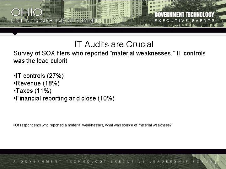 IT Audits are Crucial Survey of SOX filers who reported “material weaknesses, ” IT