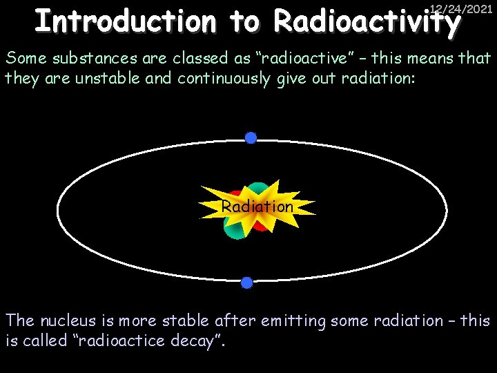 Introduction to Radioactivity 12/24/2021 Some substances are classed as “radioactive” – this means that