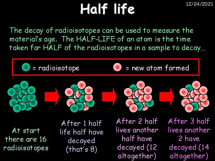 Half life 12/24/2021 The decay of radioisotopes can be used to measure the material’s