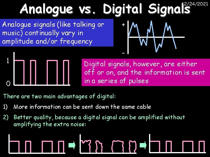 Analogue vs. Digital Signals 12/24/2021 Analogue signals (like talking or music) continually vary in