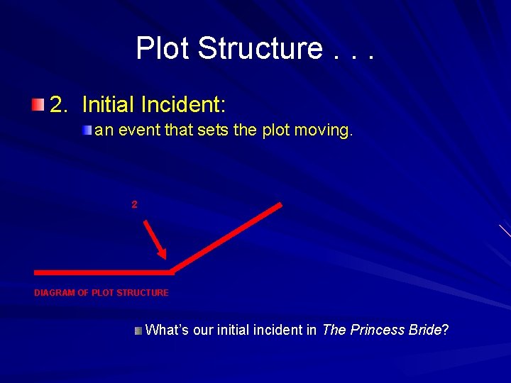 Plot Structure. . . 2. Initial Incident: an event that sets the plot moving.