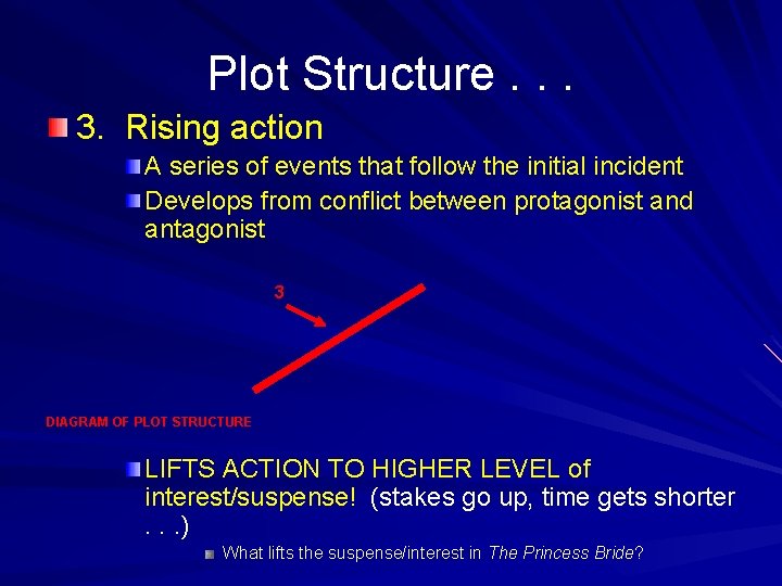 Plot Structure. . . 3. Rising action A series of events that follow the