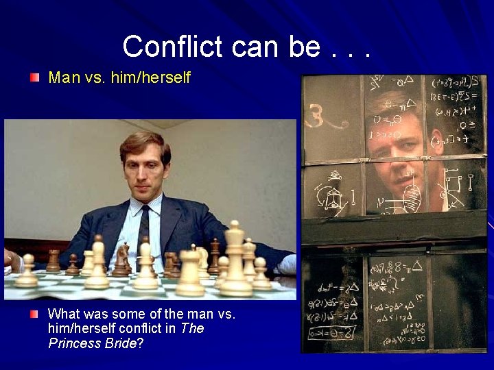 Conflict can be. . . Man vs. him/herself What was some of the man