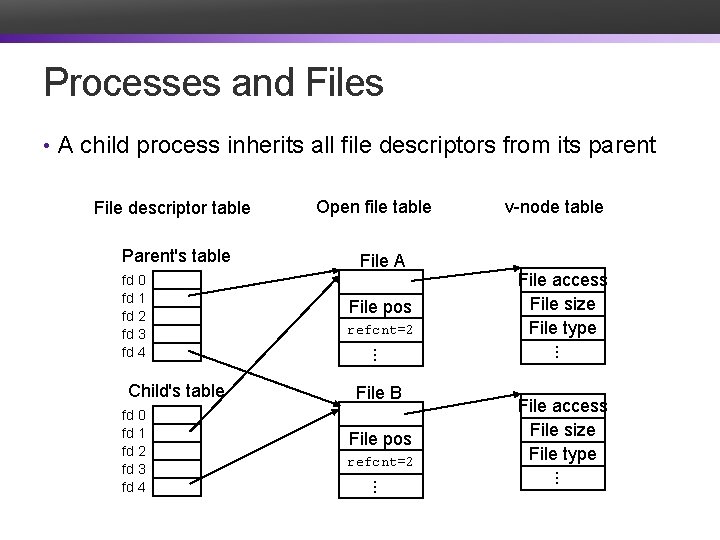 Processes and Files • A child process inherits all file descriptors from its parent