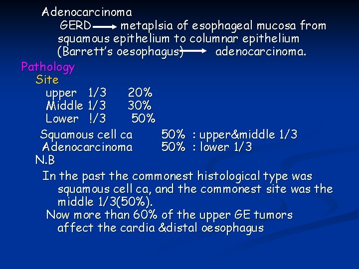 Adenocarcinoma GERD metaplsia of esophageal mucosa from squamous epithelium to columnar epithelium (Barrett’s oesophagus)