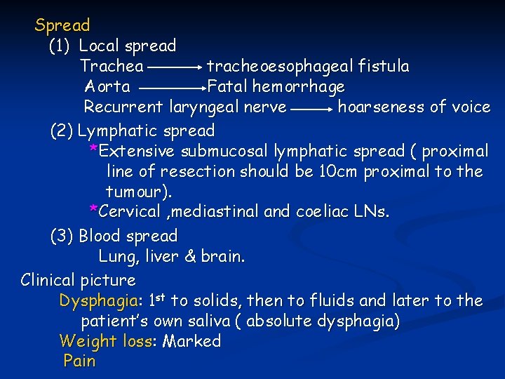 Spread (1) Local spread Trachea tracheoesophageal fistula Aorta Fatal hemorrhage Recurrent laryngeal nerve hoarseness