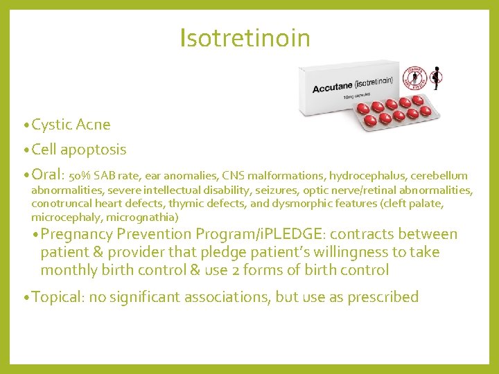 Isotretinoin • Cystic Acne • Cell apoptosis • Oral: 50% SAB rate, ear anomalies,