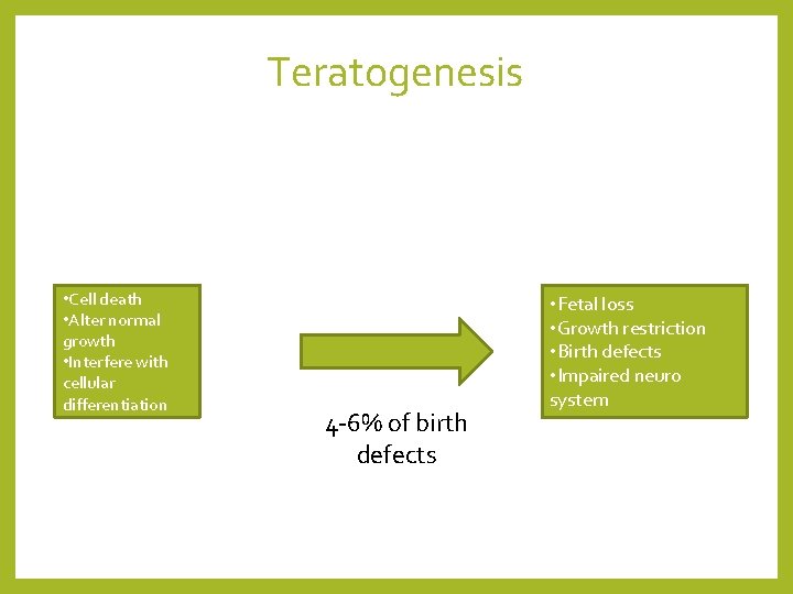Teratogenesis • Cell death • Alter normal growth • Interfere with cellular differentiation 4
