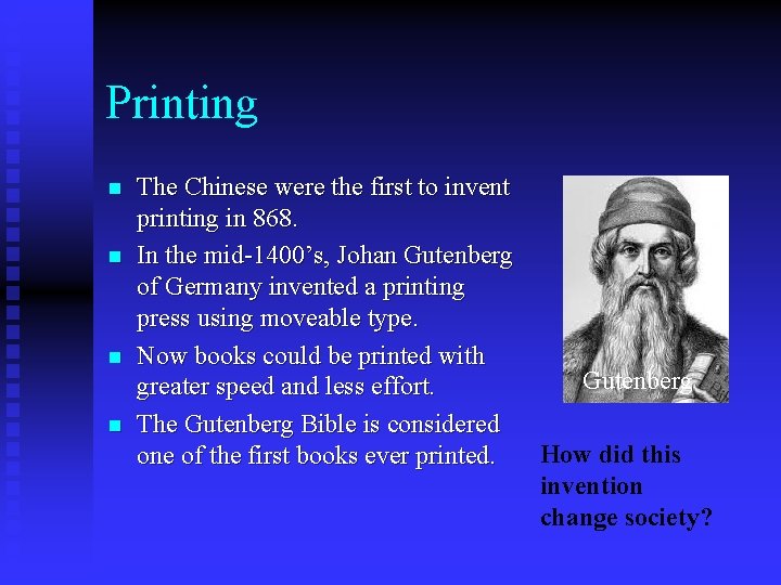 Printing n n The Chinese were the first to invent printing in 868. In