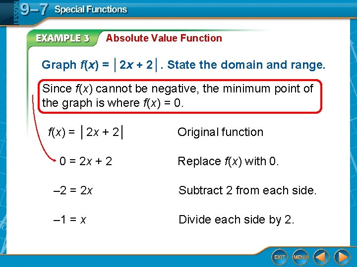 Absolute Value Function Graph f(x) = │2 x + 2│. State the domain and