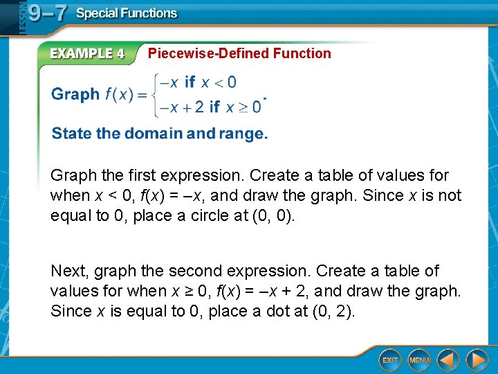 Piecewise-Defined Function Graph the first expression. Create a table of values for when x