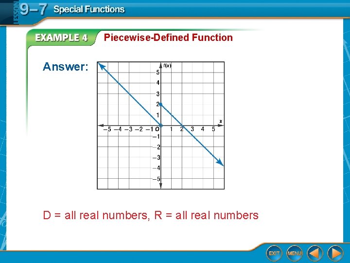 Piecewise-Defined Function Answer: D = all real numbers, R = all real numbers 