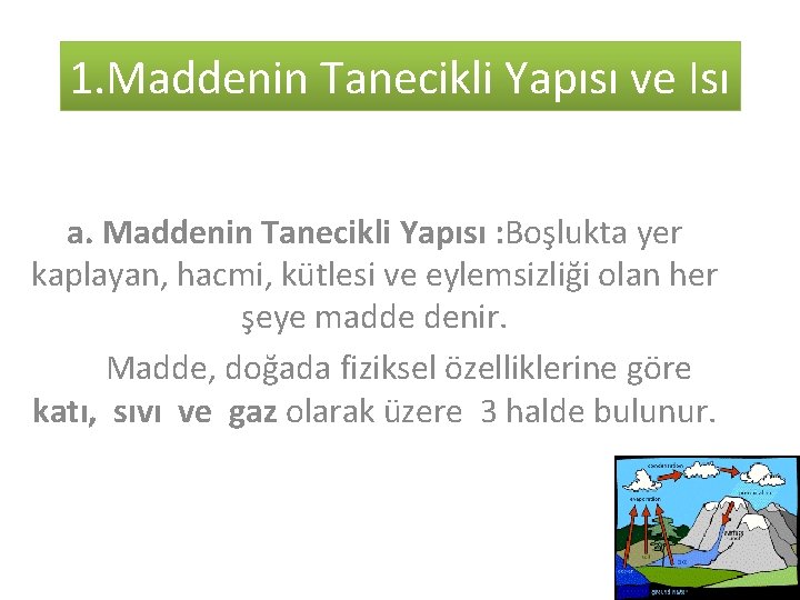 1. Maddenin Tanecikli Yapısı ve Isı a. Maddenin Tanecikli Yapısı : Boşlukta yer kaplayan,