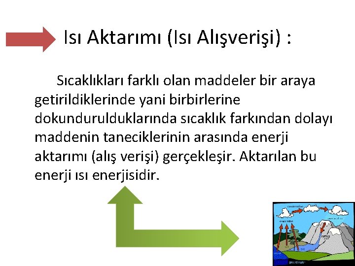 Isı Aktarımı (Isı Alışverişi) : Sıcaklıkları farklı olan maddeler bir araya getirildiklerinde yani birbirlerine