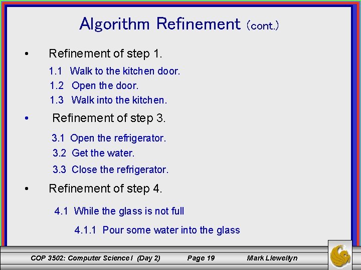 Algorithm Refinement • (cont. ) Refinement of step 1. 1. 1 Walk to the