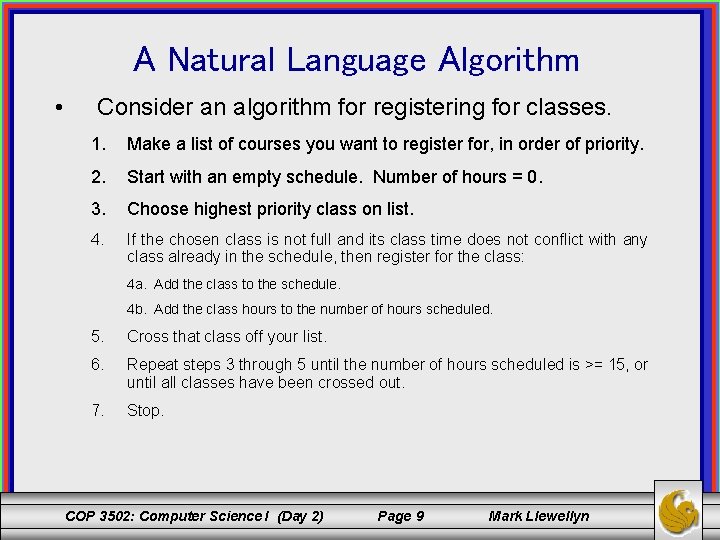 A Natural Language Algorithm • Consider an algorithm for registering for classes. 1. Make