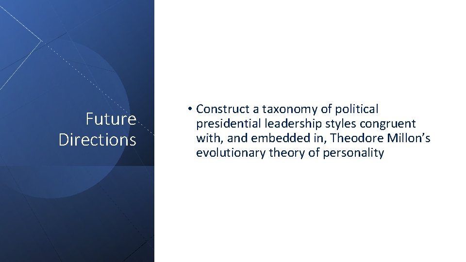 Future Directions • Construct a taxonomy of political presidential leadership styles congruent with, and