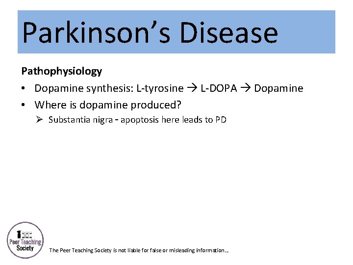 Parkinson’s Disease Pathophysiology • Dopamine synthesis: L-tyrosine L-DOPA Dopamine • Where is dopamine produced?
