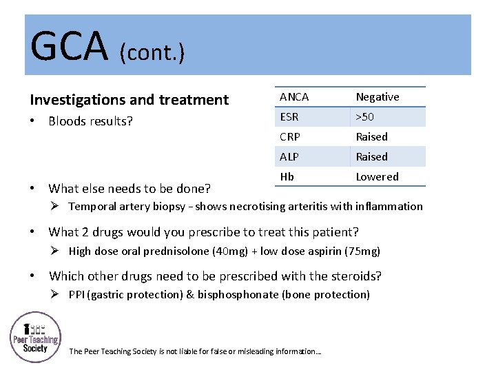 GCA (cont. ) Investigations and treatment • Bloods results? • What else needs to